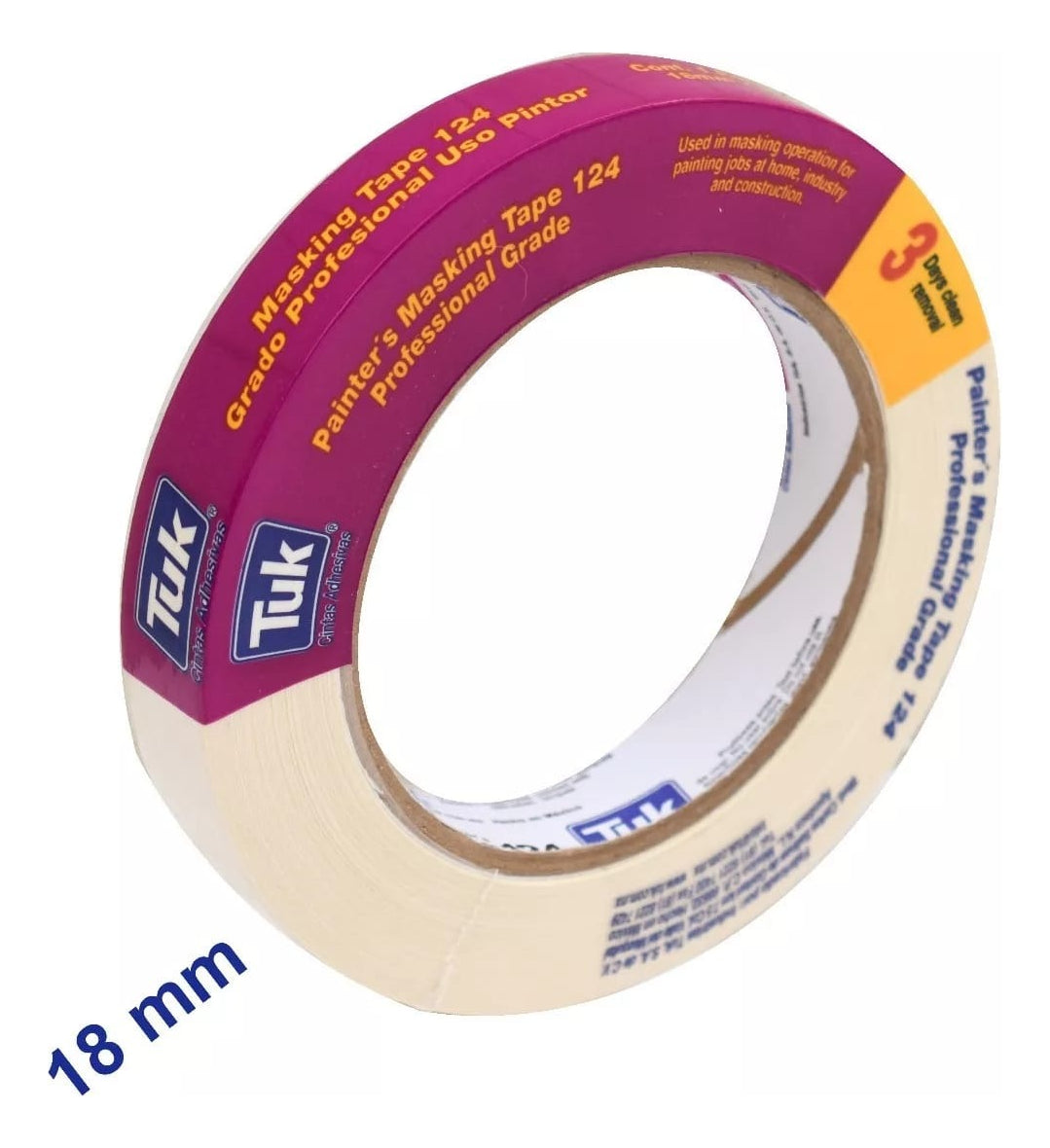 Cinta Masking Tape 18mm- Grado Profesional - Tuk 124 (50 M)